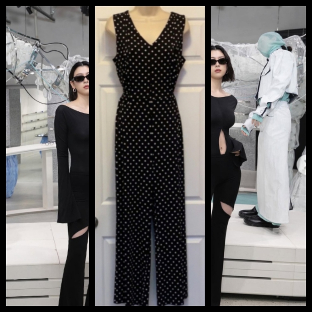 Chico’s Classic Essential Size 3 XL Jumpsuit Black White Polka Dots●